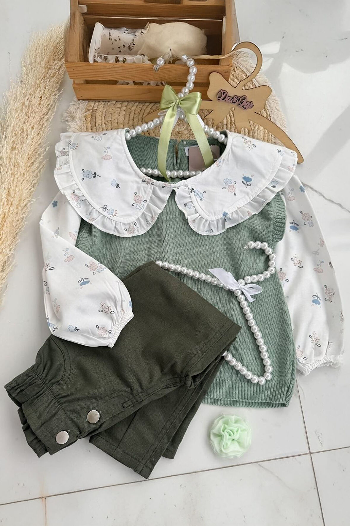 Miniğimin Cicileri (2-9 Yaş) Bebe Yakalı Triko Kız Çocuk 2 Takım - Yeşil