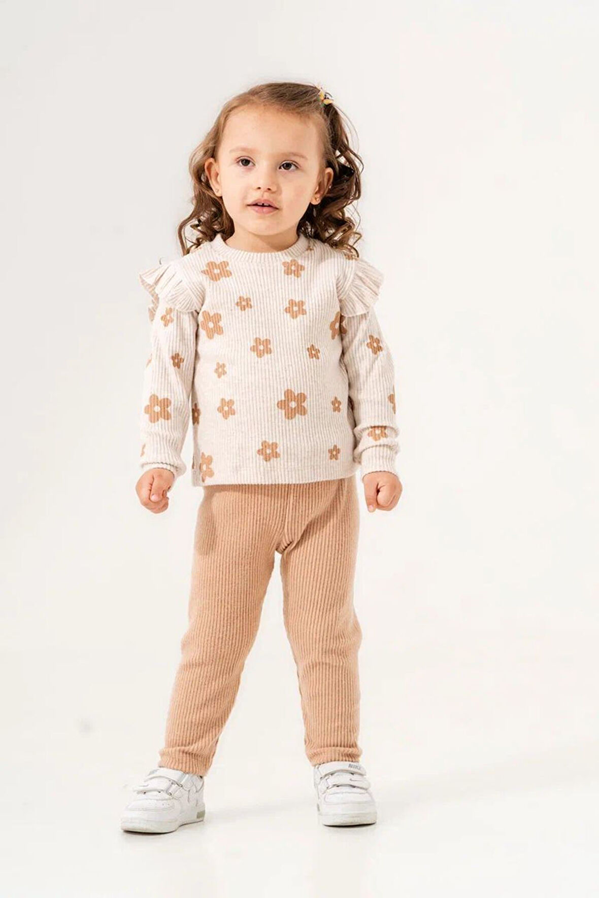 Miniğimin Cicileri (2-5 Yaş) Çiçek Desenli Kaşkorse Kışlık Kız Çocuk Takım - Taba