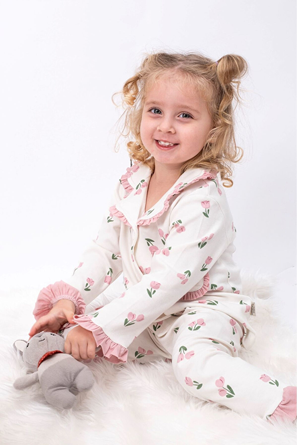 Miniğimin Cicileri Fırfır Detaylı Cepli Kız Çocuk Lale Desen 2Li Gecelik Takımı - Pembe