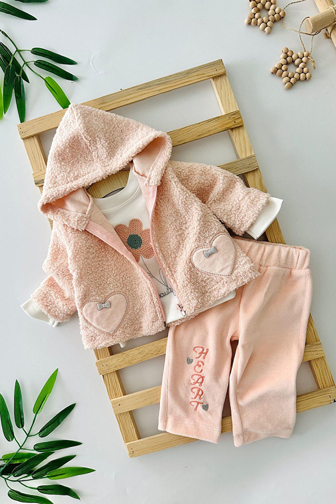 Miniğimin Cicileri Kalp Cep Detaylı Kuzu Hırkalı 3 Lü Kız Bebe Takım - Somon