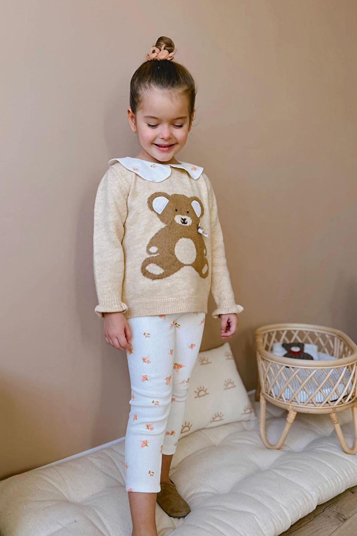 Miniğimin Cicileri Bear Desenli Triko Yakalı Kız Çocuk 2 li Takım - Bej