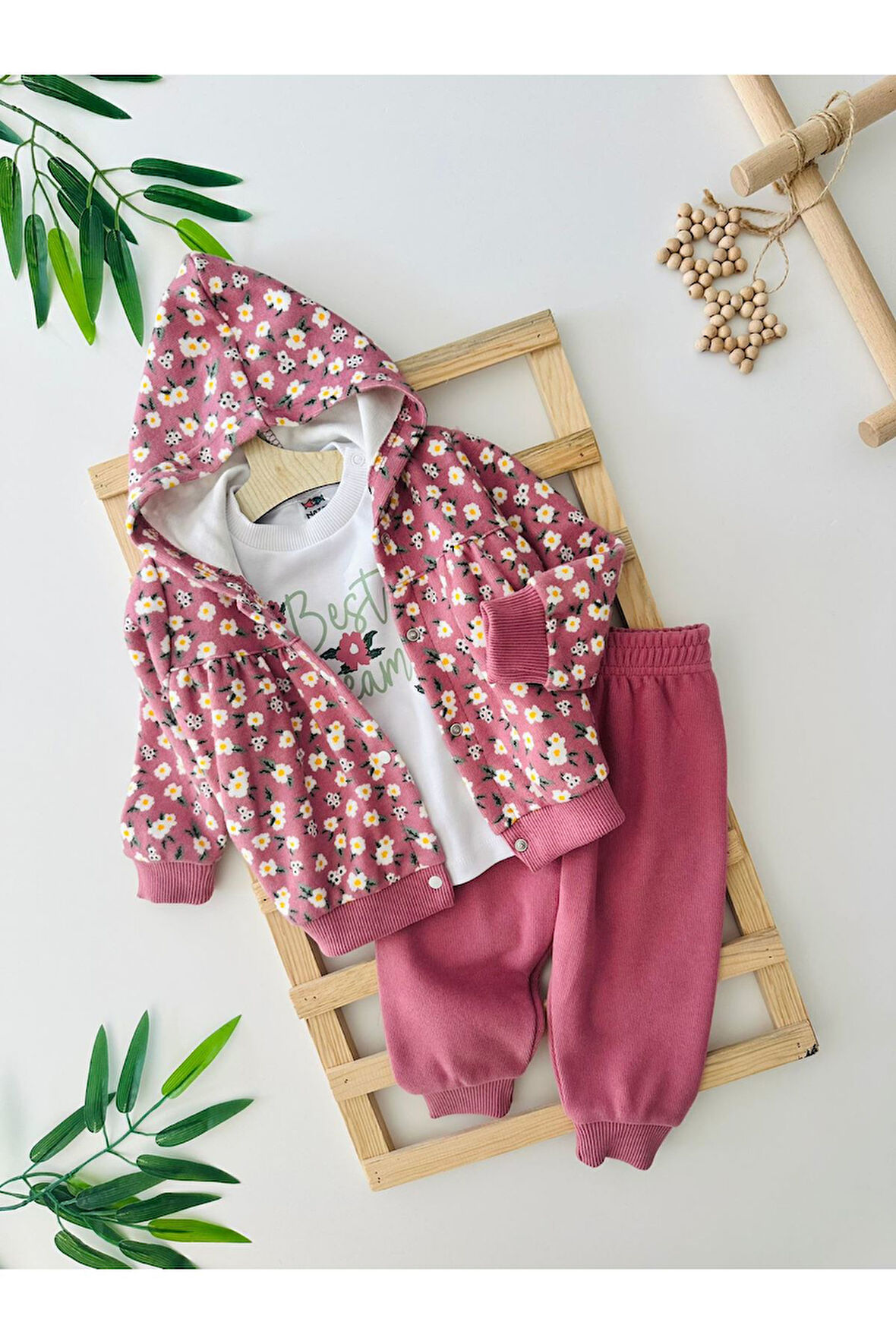 Miniğimin Cicileri Çiçek Desenli Kapüşonlu Kız Bebe 3 Lü Takım - Leylak