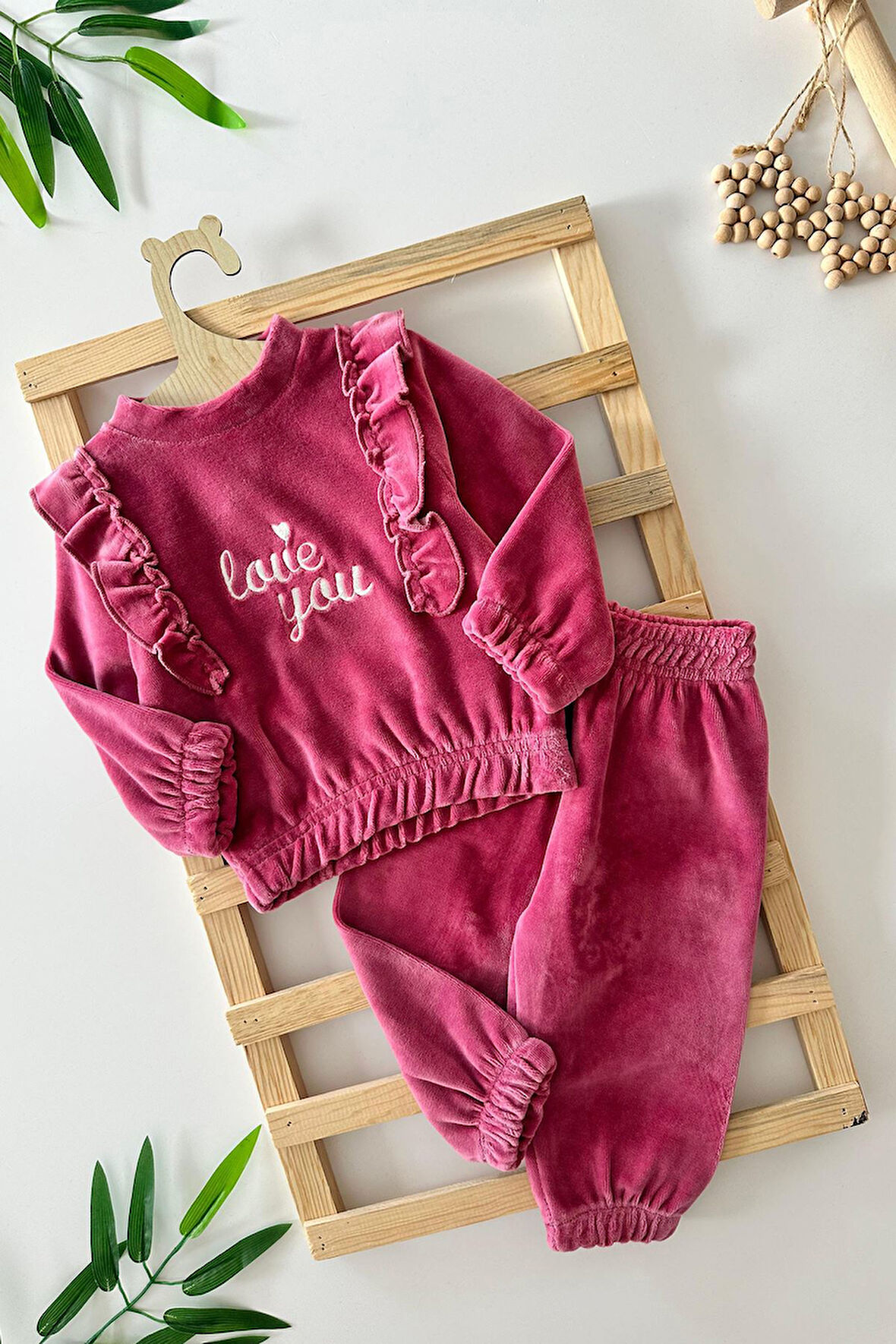 Miniğimin Cicileri Love You Fırfır Detaylı Kız Çocuk Kadife Lastikli Takım - Gül Kurusu