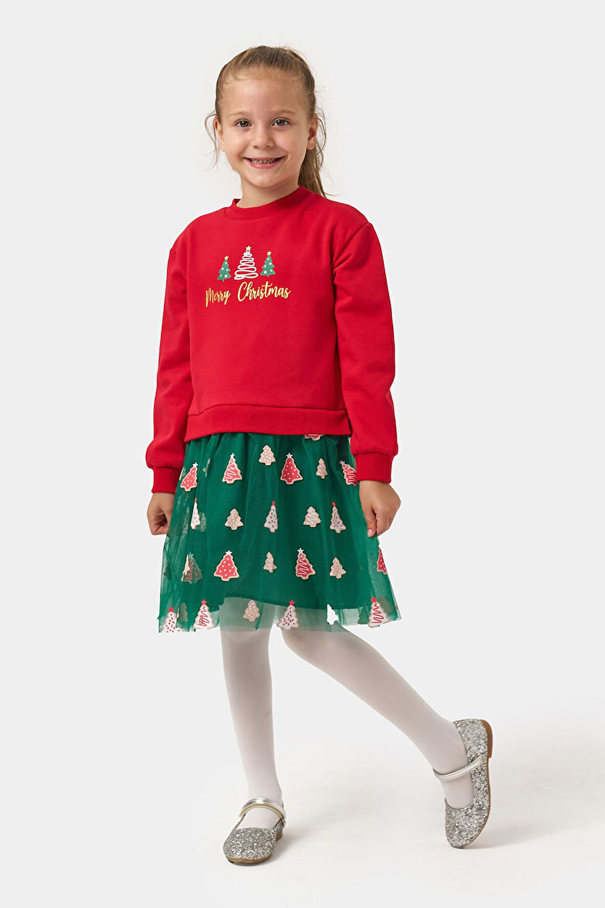 Miniğimin Cicileri Ağaç  Baskı Yılbaşı Konsept Kız Çocuk Etekli Takım - Kırmızı