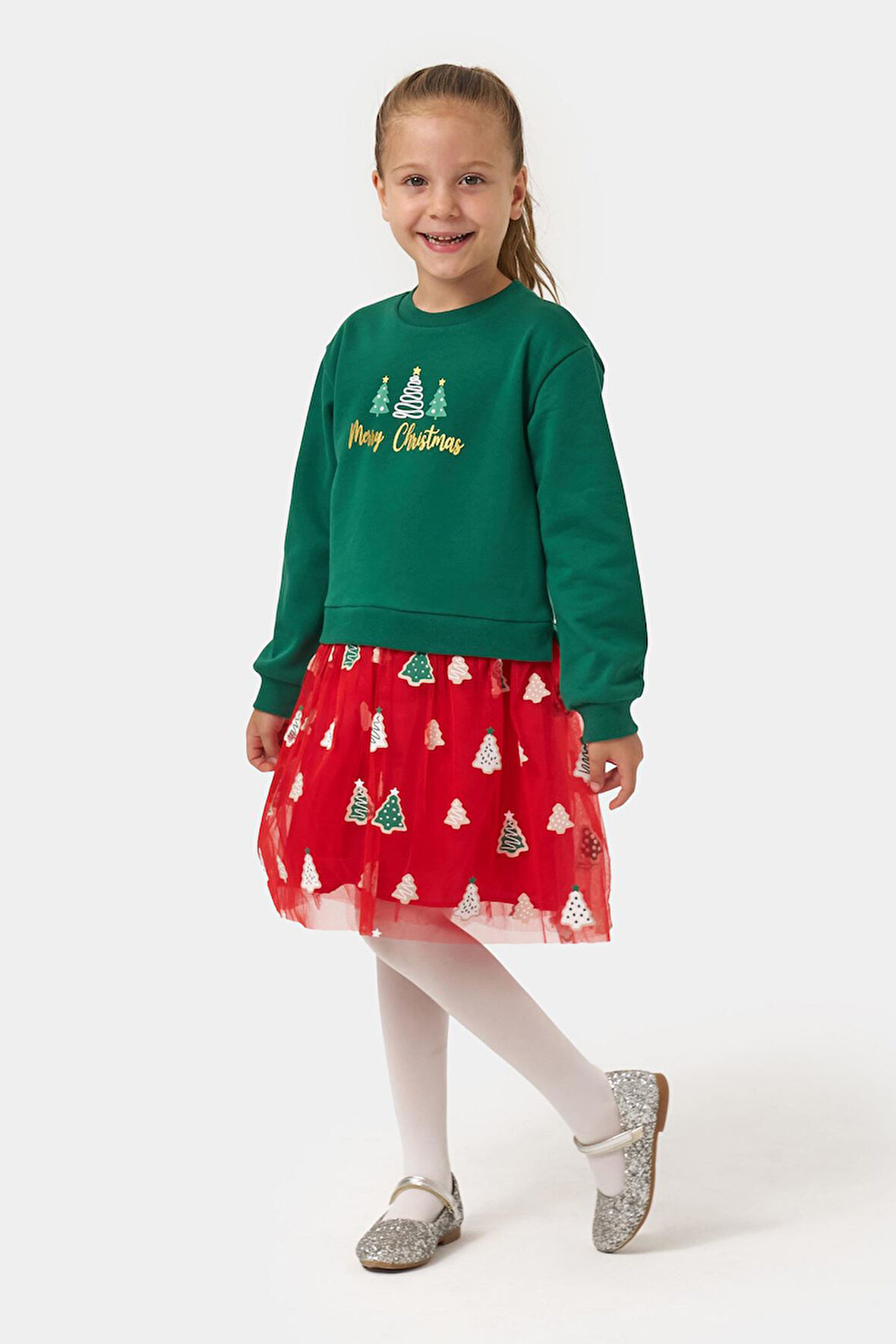 Miniğimin Cicileri Ağaç  Baskı Yılbaşı Konsept Kız Çocuk Etekli Takım - Yeşil