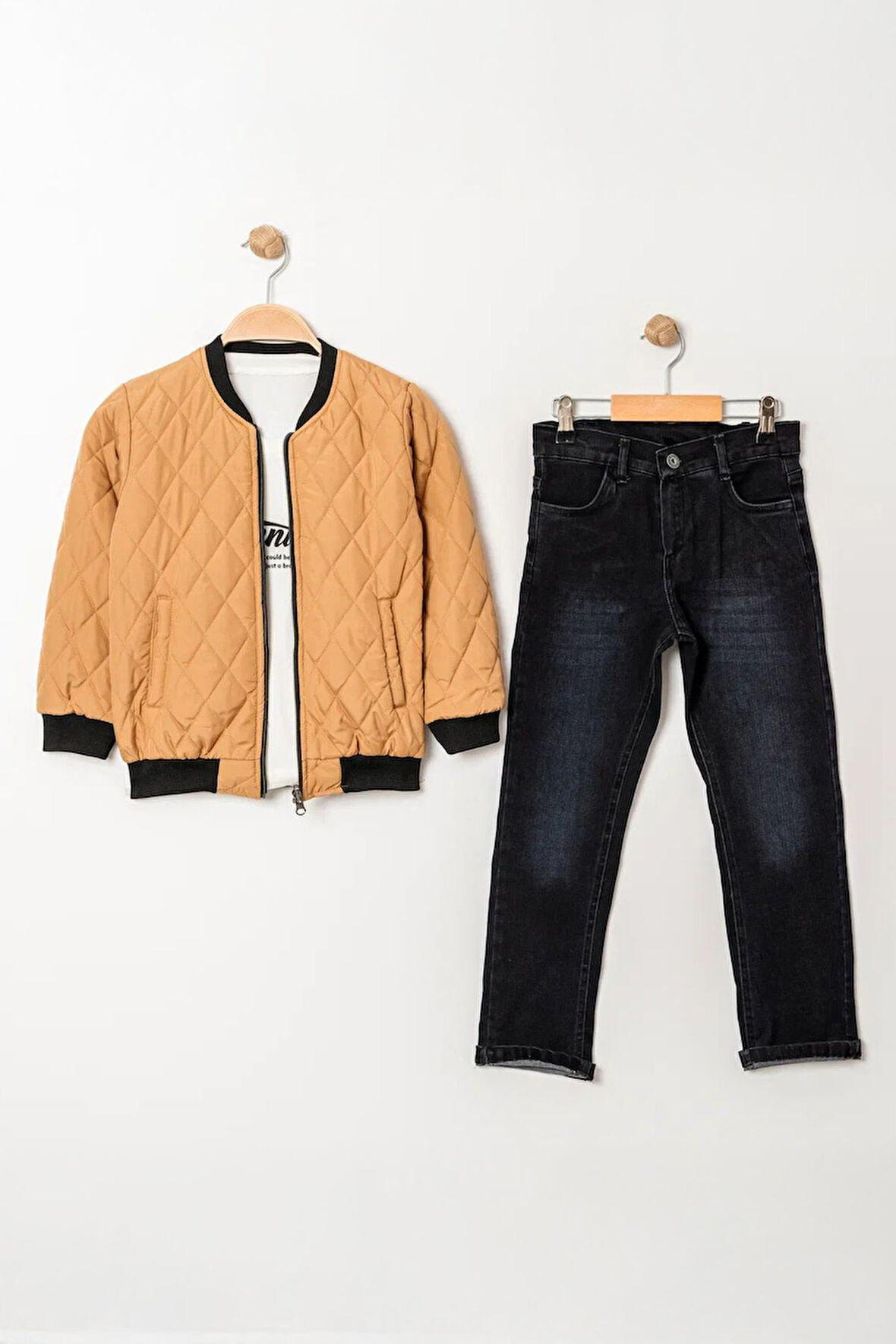 Miniğimin Cicileri LV Çift Tafarlı Kapitone Montlu Erkek Çocuk 3 Lü Takım - Açık Kahve