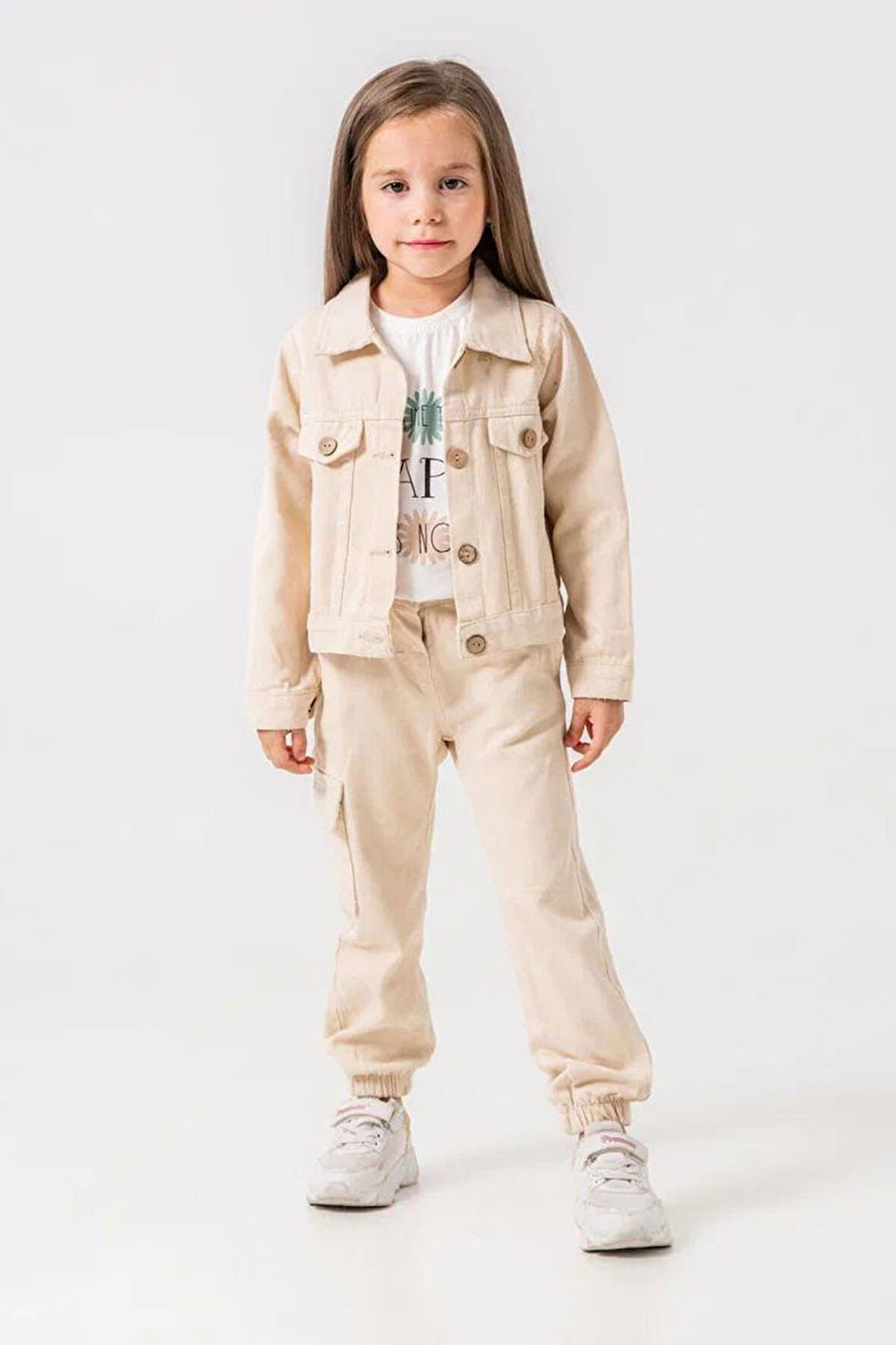 Miniğimin Cicileri Düğmeli Kargo Cepli Kız Çocuk Ceketli Takım - Bej