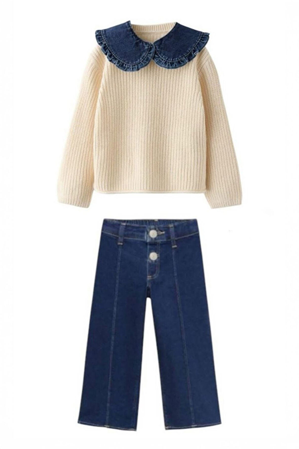 Miniğimin Cicileri Triko Kot Yaka (2-10 Yaş) Kız Çocuk 2 li Takım - Krem