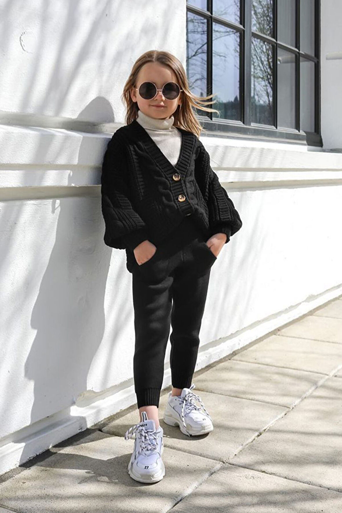 Miniğimin Cicileri Zincir Desen Triko Hırkalı Kız Çocuk 2 li Takım - Siyah