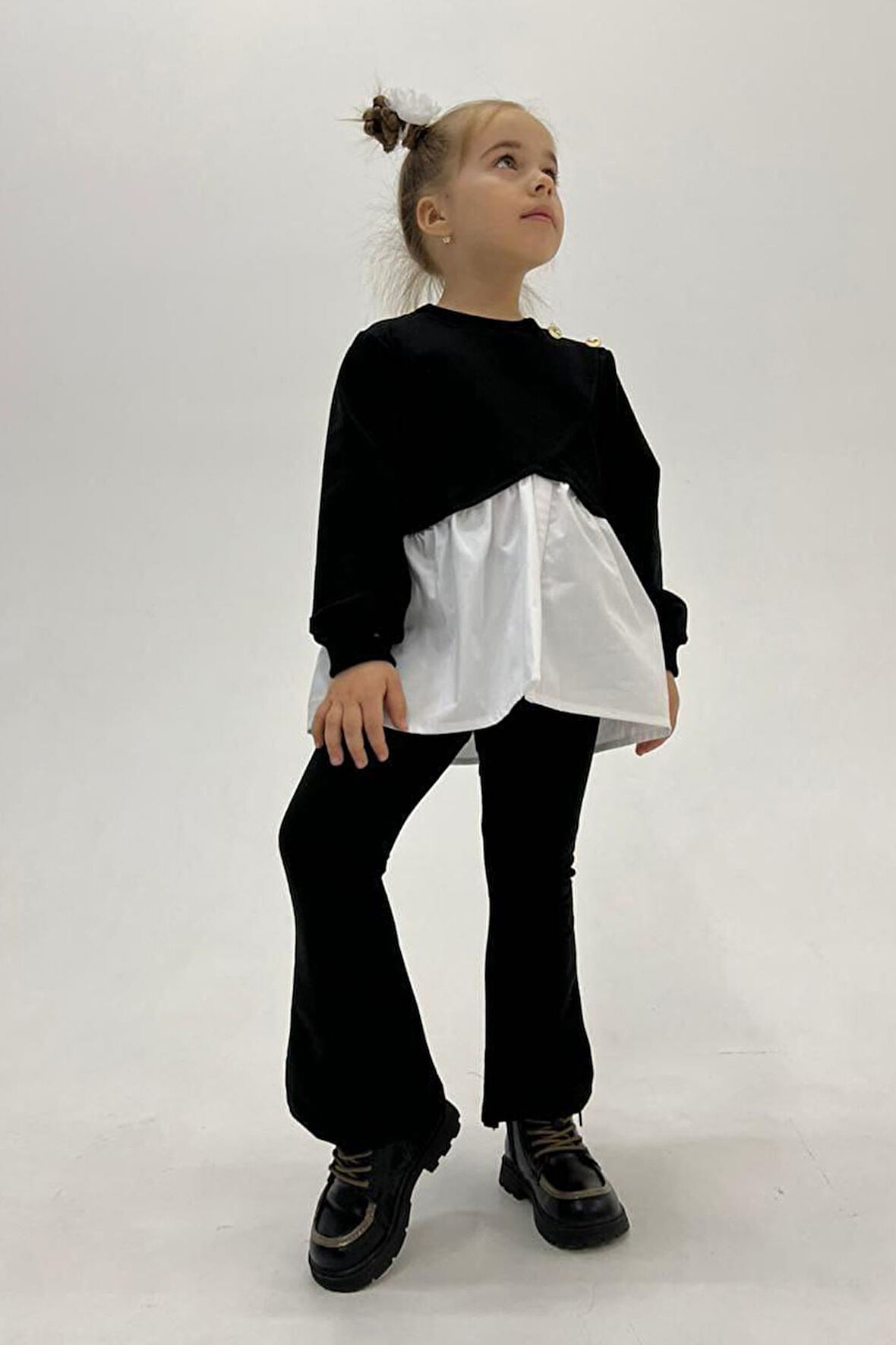 Miniğimin Cicileri Asimetrik Kesim Sweat İspanyol paça pantolon Kız Çocuk 2 li Takım - Siyah