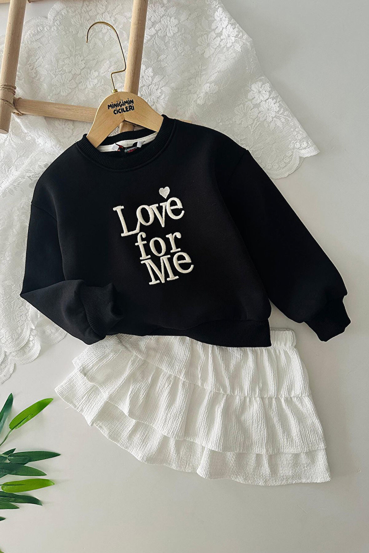 Miniğimin Cicileri Love forMe Nakışlı Sweat Etek Kız Çocuk Takım - Siyah