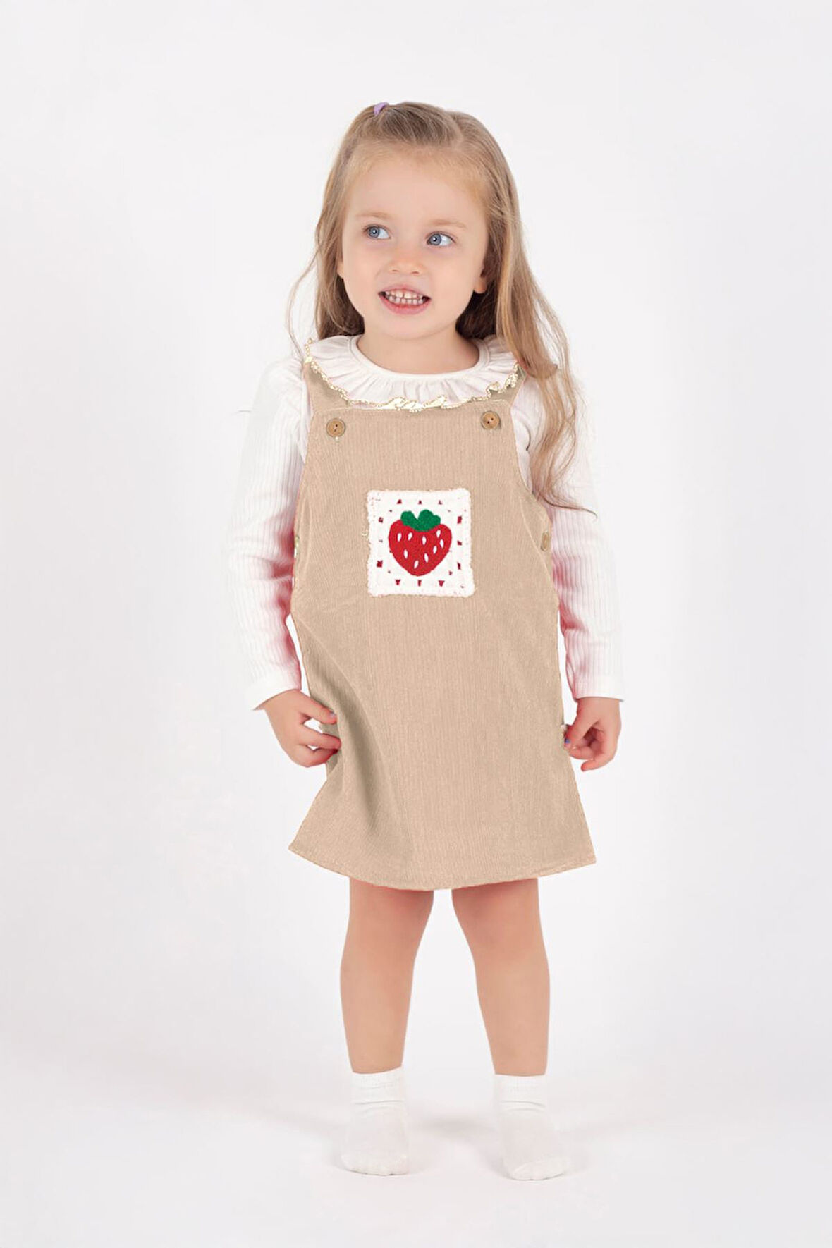Miniğimin Cicileri Çilek Nakış Kız Bebek 2 li Kadife Elbise - Bej