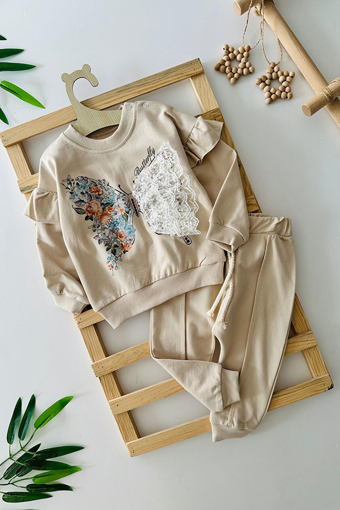 Miniğimin Cicileri Kelebek Tül Detaylı Kız Bebe 2 li Takım - Bej