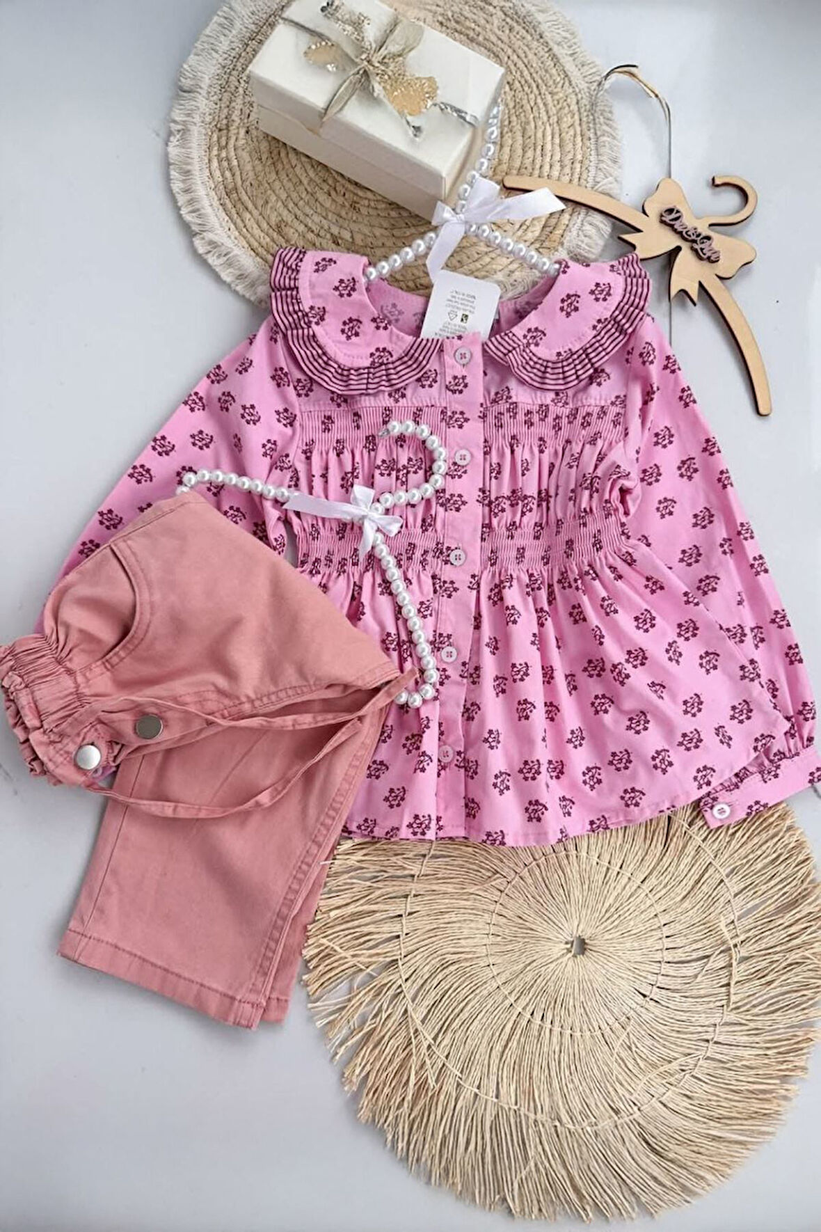 Miniğimin Cicileri Gipeli Çiçek Desenli Yaka Detaylı Gömlek ve Pantolon Kız Çocuk Takım - Pembe