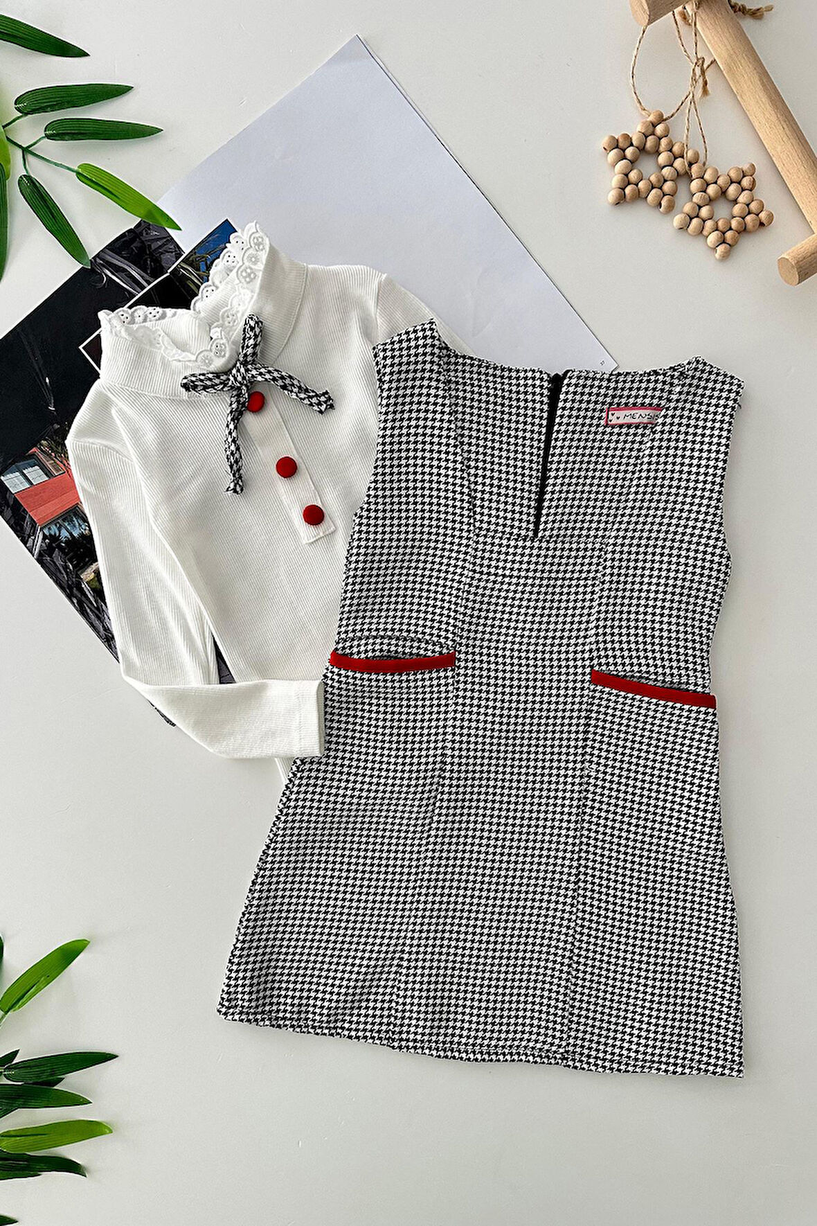 Miniğimin Cicileri Kazayağı Desenli Hakim Yakalı Kız Çocuk 2 li Takım - Beyaz