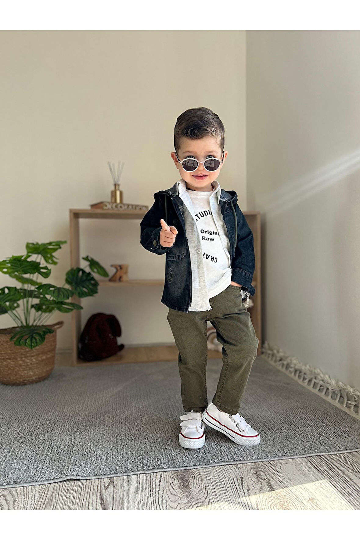 Miniğimin Cicileri Müslin Pamuk Gömlekli, kot ceket kapüşonlu, De Jouten baskılı Erkeı Çocuk 3 Lü T