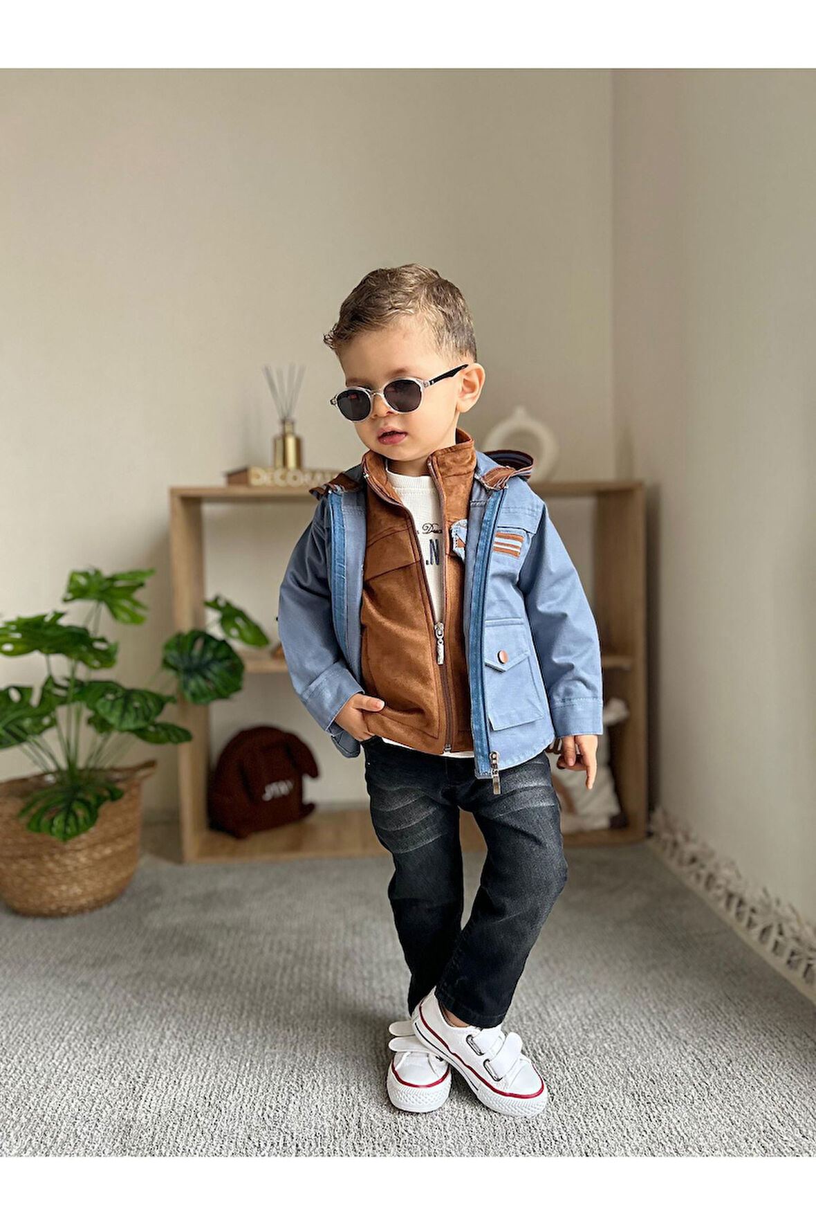 Miniğimin Cicileri Lifeis Meantto Good 4 parça Süet yelekli Kapüşonlu Ceketli Takım - indigo