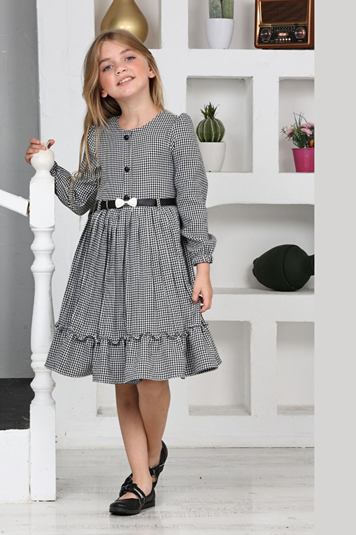 Miniğimin Cicileri Kemerli Eteği Piliseli Kız Çocuk Kazayağı Desen Elbise - SiyahBeyaz