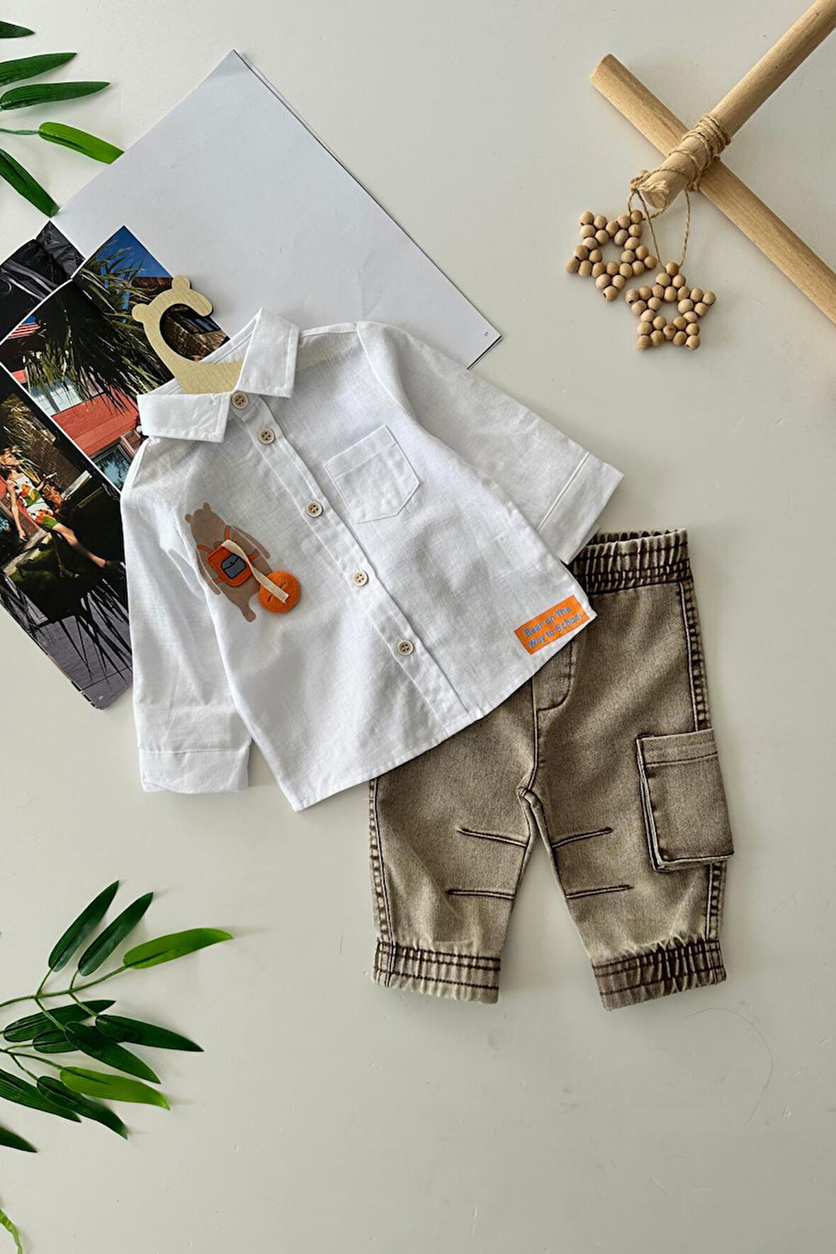 Miniğimin Cicileri Ayıcık İşlemeli Kargo Cep Erkek Bebek Takım - Beyaz