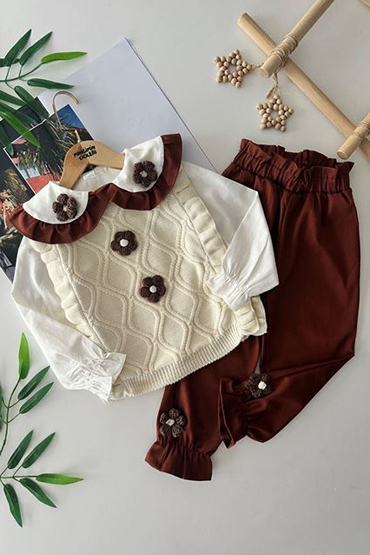 Miniğimin Cicileri Papatya Örgü Detaylı Süveterli  Kız Çocuk 3 Lü Takım - Beyaz