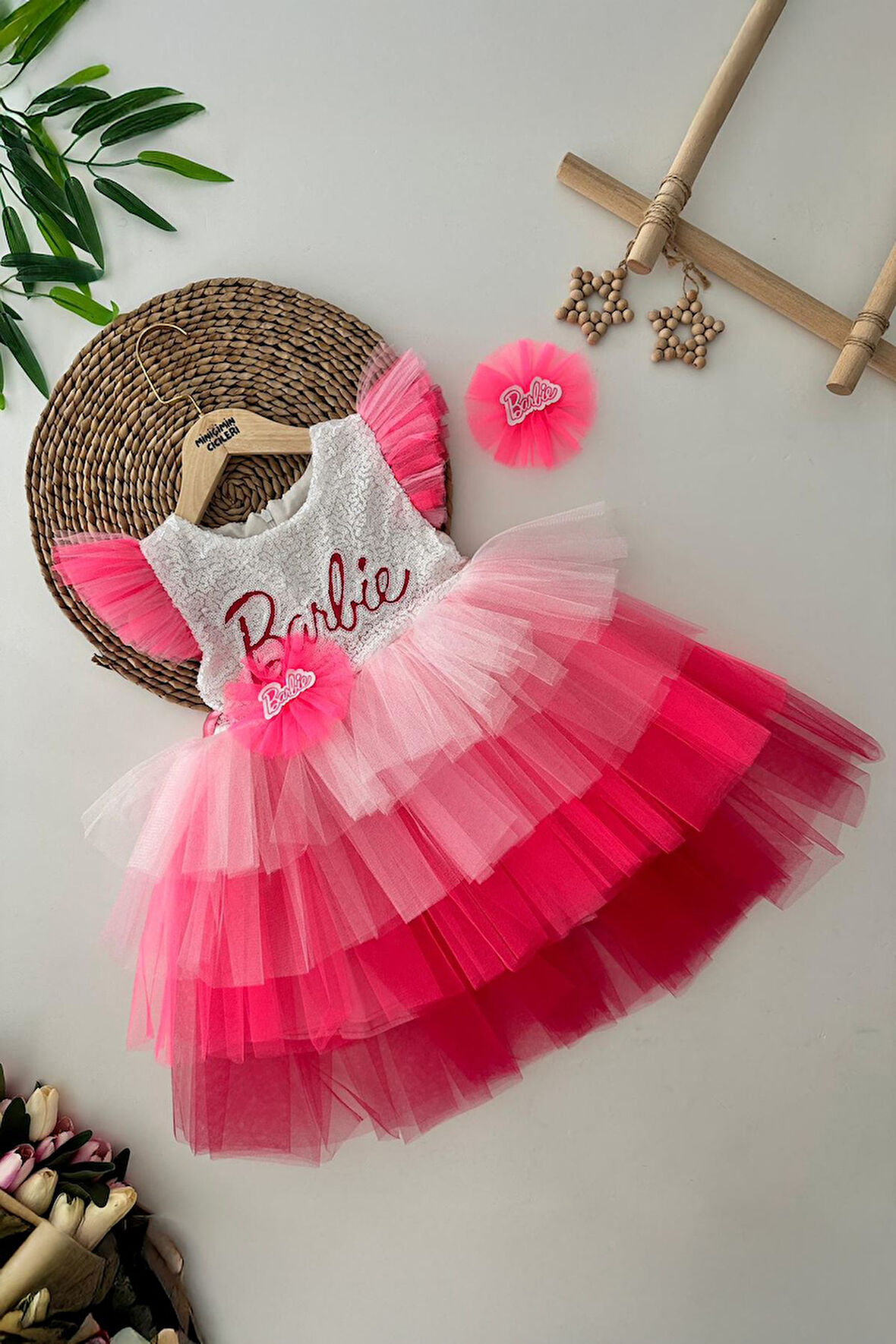 Miniğimin Cicileri Barbie Pul Payetli Tütü Omuz Detaylı Kat Kat Tüllü Kız Çocuk Elbise - Pembe