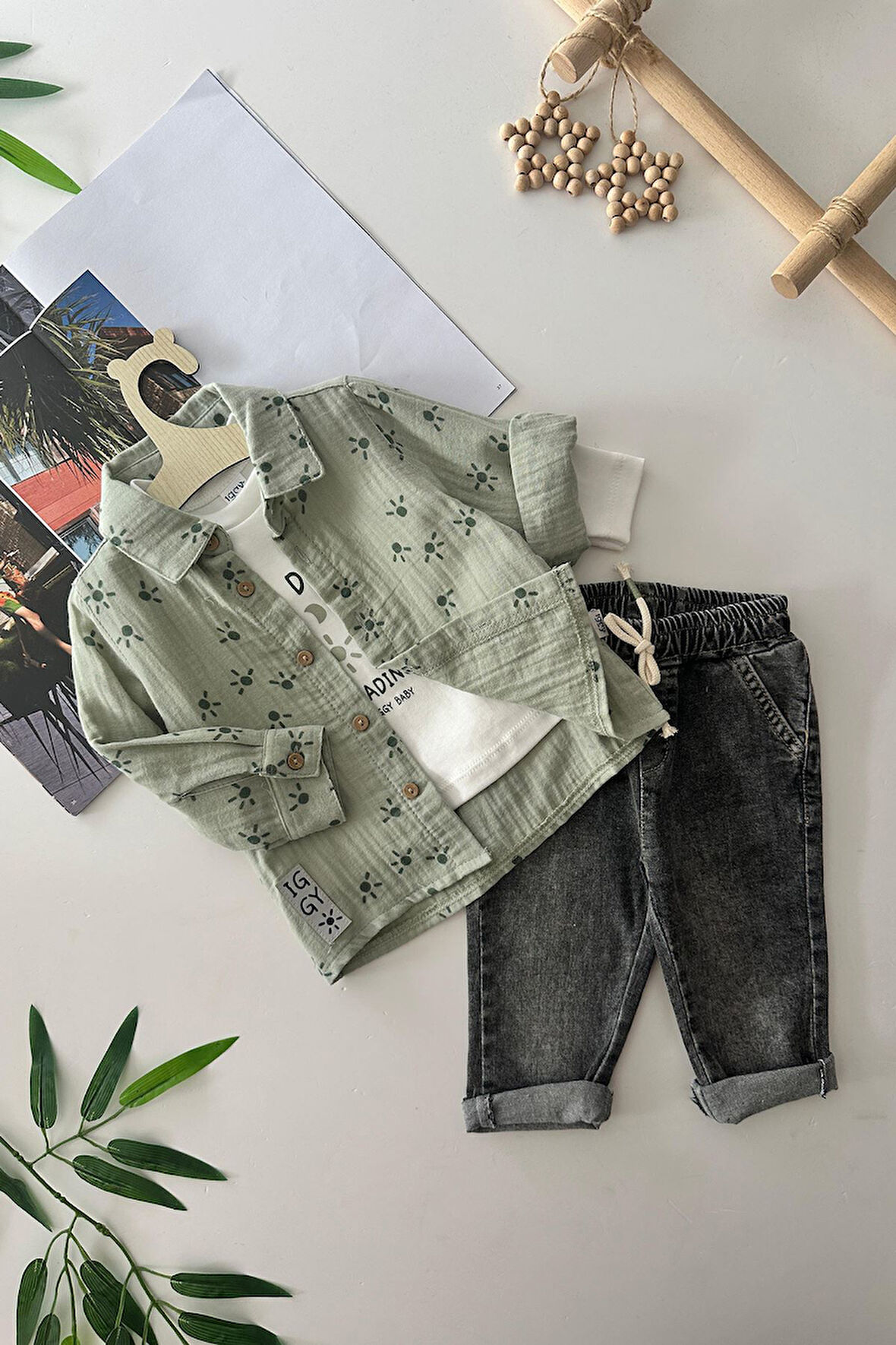 Miniğimin Cicileri Pati Baskılı Müslin pamuklu Erkek Bebek 3 lü Takım - Yeşil