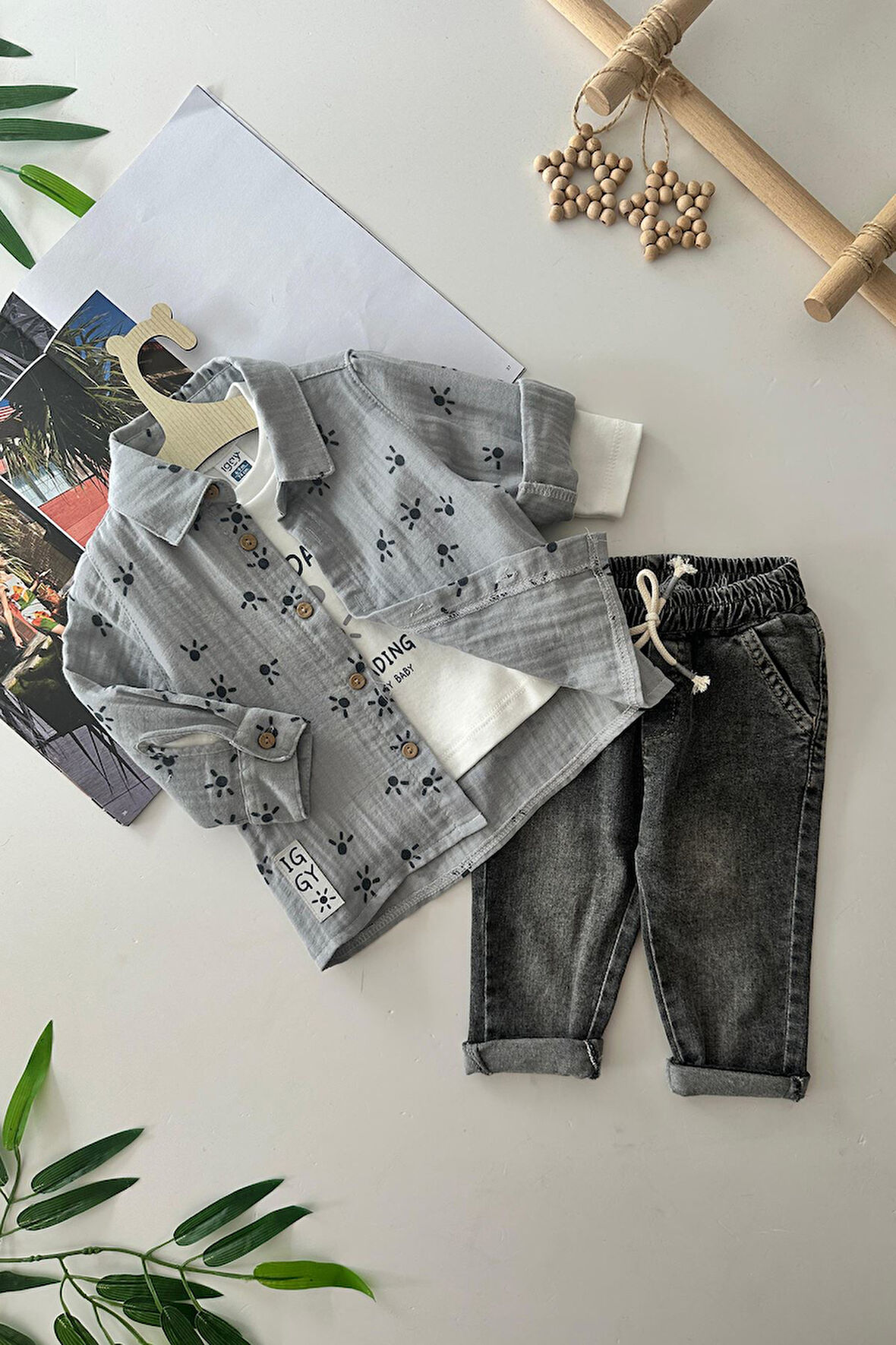 Miniğimin Cicileri Pati Baskılı Müslin pamuklu Erkek Bebek 3 lü Takım - Gri