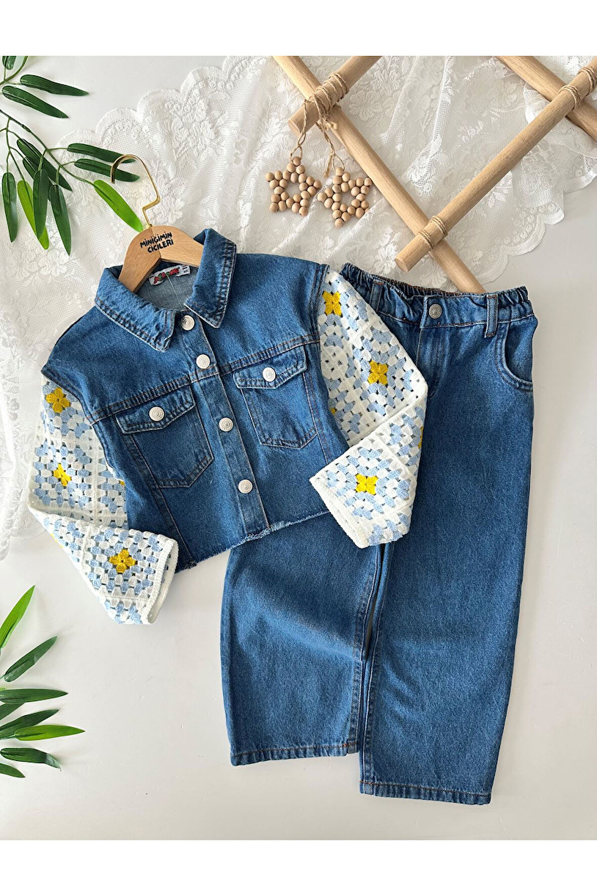 Miniğimin Cicileri Kollar Triko Kot Ceket Pantolon 2 li Kız Çocuk Takım - Mavi