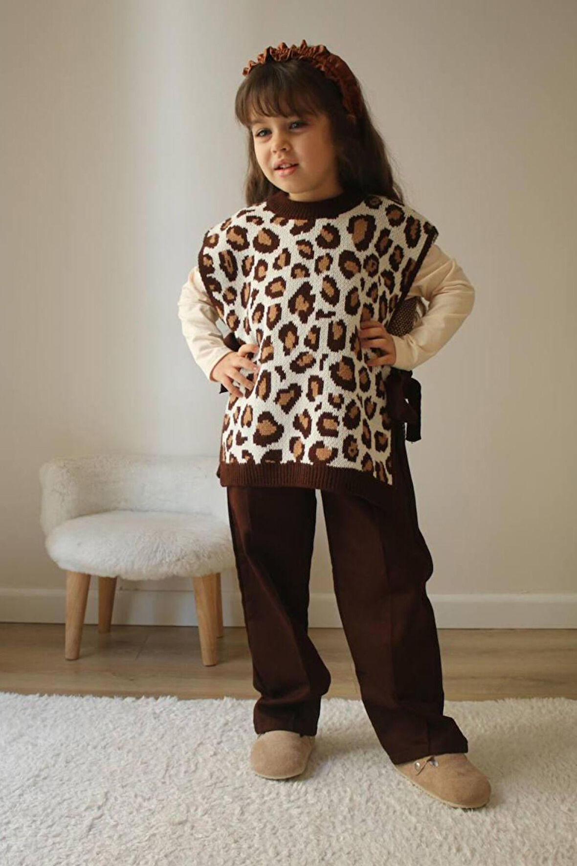 Miniğinin Cicileri Triko Leopar Süveter Kız Çocuk Takım - Kahverengi