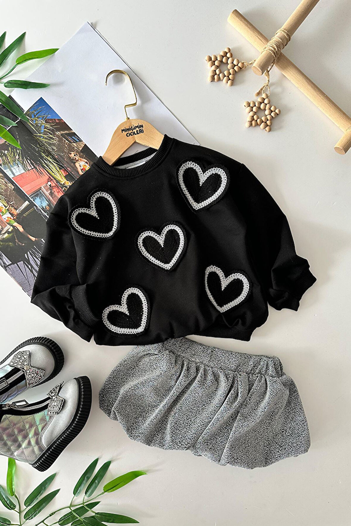 Miniğimin Cicileri Simli Kalp işlemeli Etekli Kız Çocuk Etekli Takım - Gri