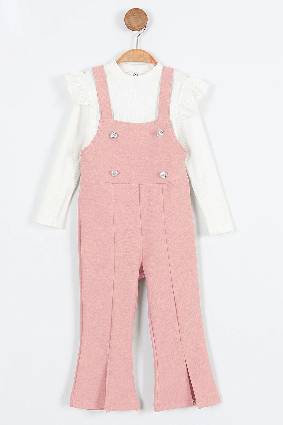 Miniğimin Cicileri Askılı Taş Düğme Detaylı Tulum ve Fırfırlı Beyaz Bluz Kız Çocuk Takım - Pembe