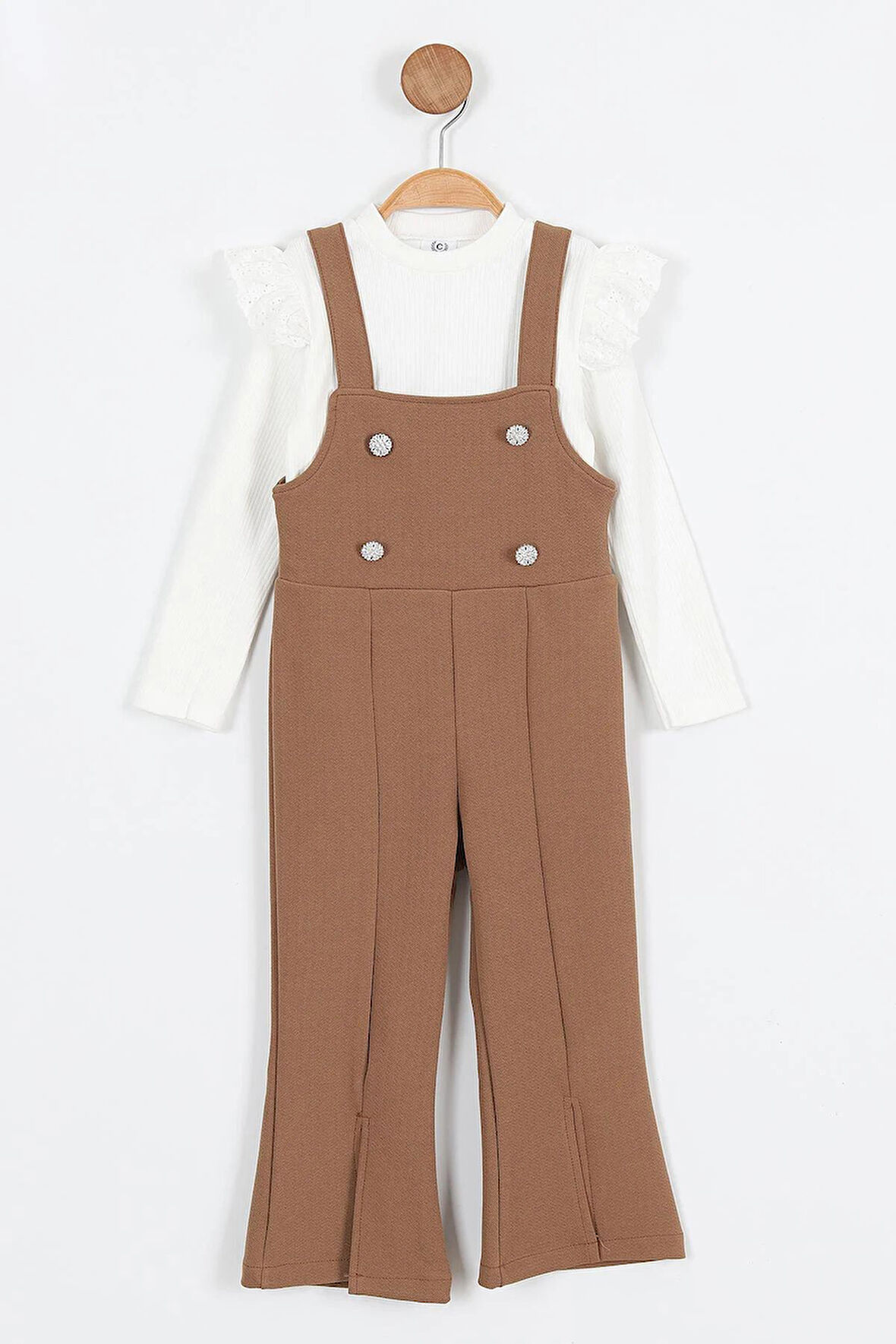 Miniğimin Cicileri Askılı Taş Düğme Detaylı Tulum ve Fırfırlı Beyaz Bluz Kız Çocuk Takım - Kahveren