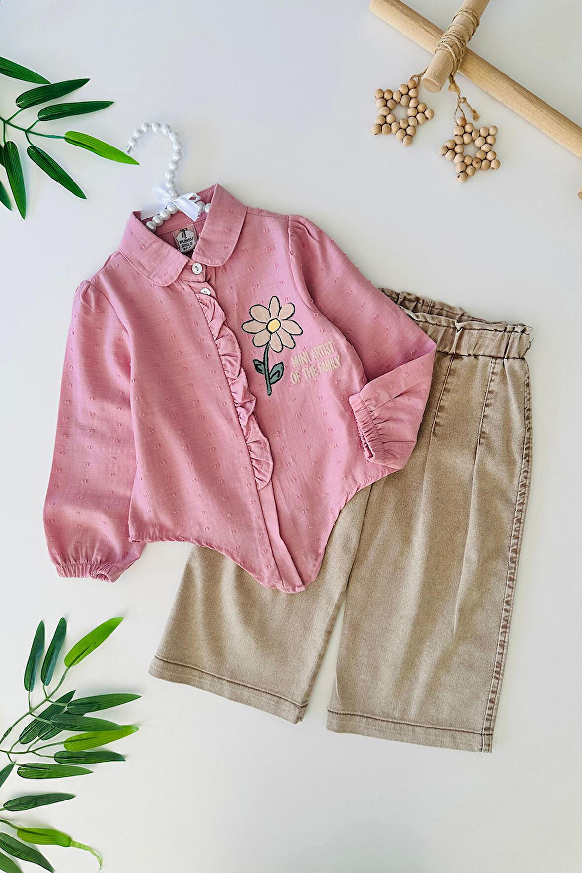 Miniğimin Cicileri Papatya Baskılı Bağlama Detaylı Bol Pantolunlu Kız Çocuk 2 li Takım - Pembe