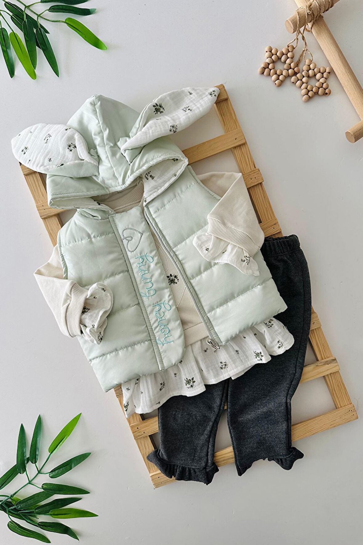 Miniğimin Cicileri Kalp İşleme Kulak Detaylı Kız Çocuk 3 lü Takım - Yeşil