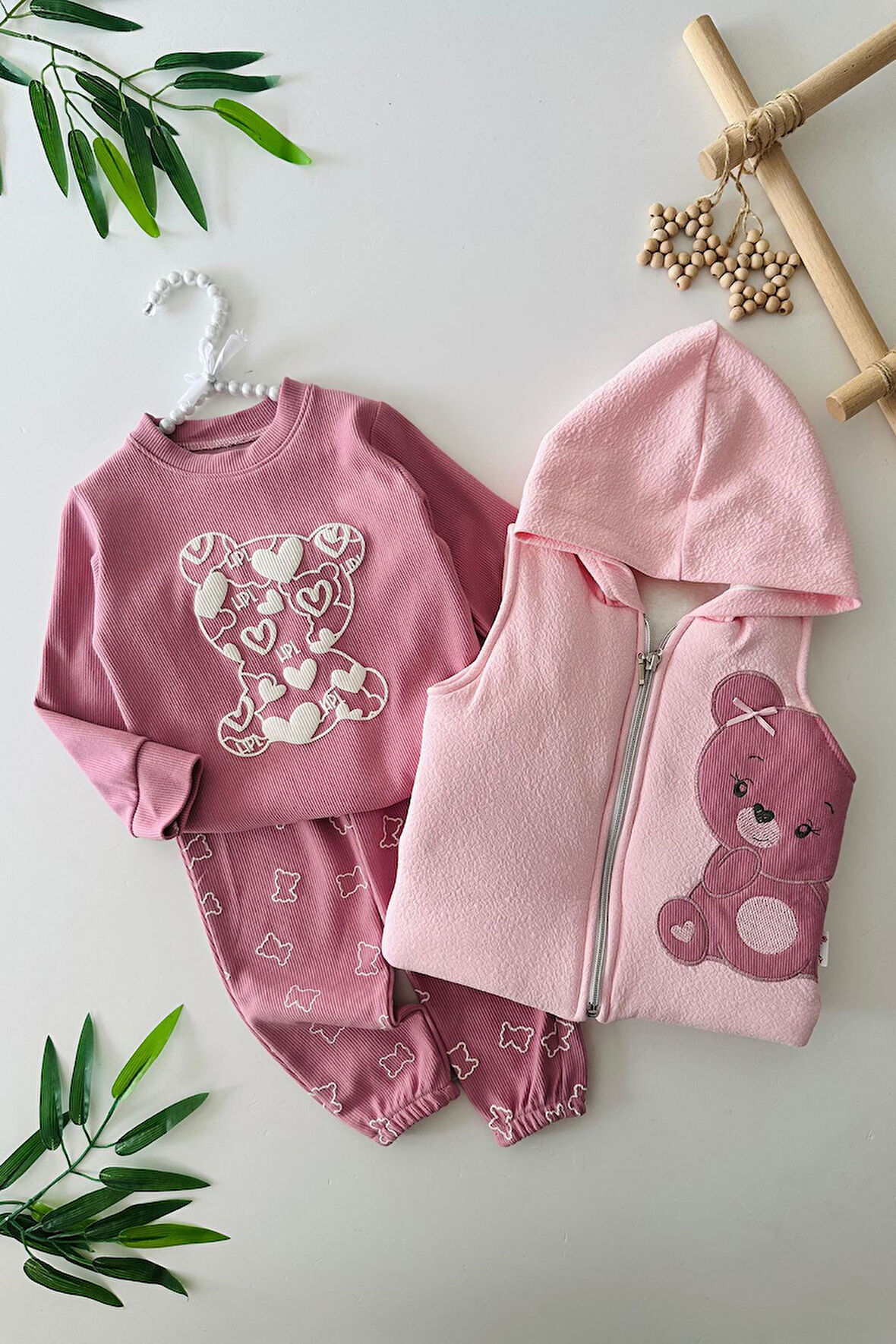 Miniğimin Cicileri Sevimli Ayıcıl Desenli Kız Bebe Şişme Yelekli 3 lü Takım - Mor