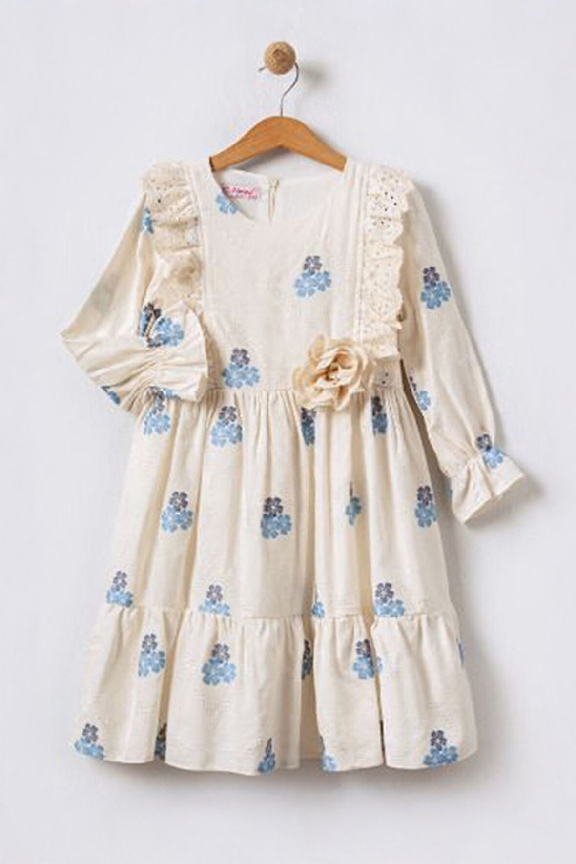 Miniğimin Cicileri Çiçek Desenli Kız Çocuk Fisto Detaylı Elbise - Mavi