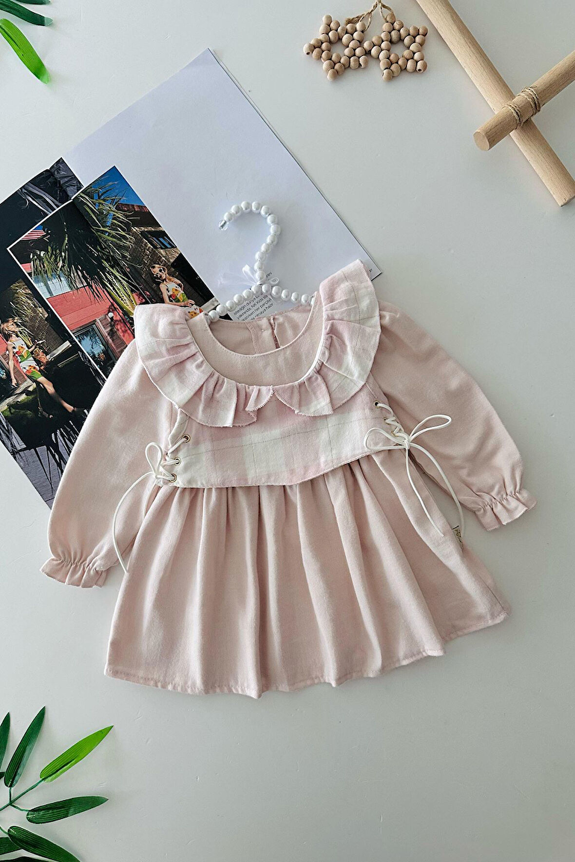 Miniğimin Cicileri Ekose Cepken Desenli Yandan Bağcık Desenli Kız Çocuk 2 li Elbiseli Takım - Pembe