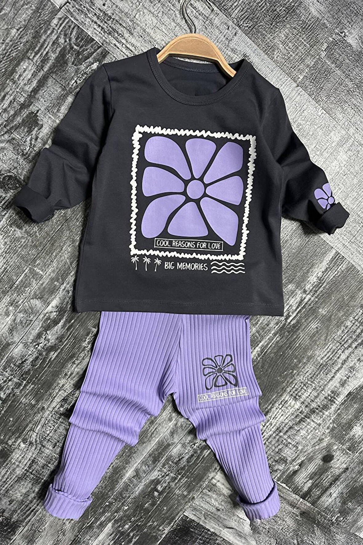 Miniğimin Cicileri Çerçeveli Çiçek Desen  Fitilli Kız Çocuk Taytlı Takım - Lila