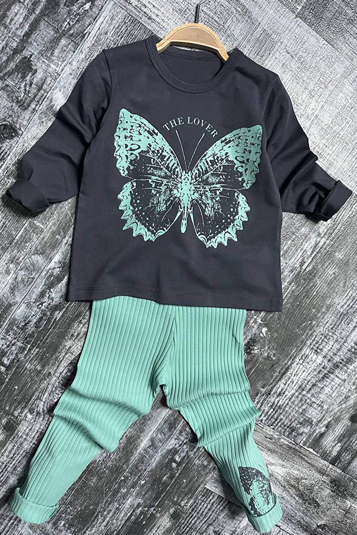 Miniğimin Cicileri Kelebek Desen Fitilli Kız Çocuk Taytlı Takım - Yeşil