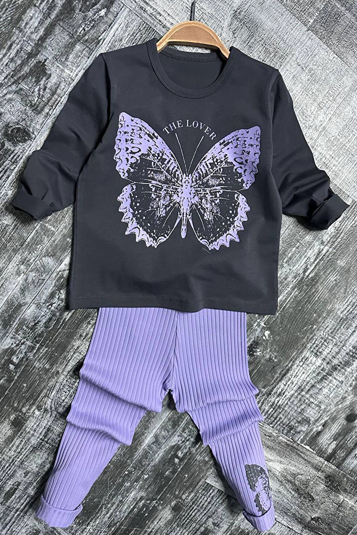 Miniğimin Cicileri Kelebek Desen Fitilli Kız Çocuk Taytlı Takım - Mor