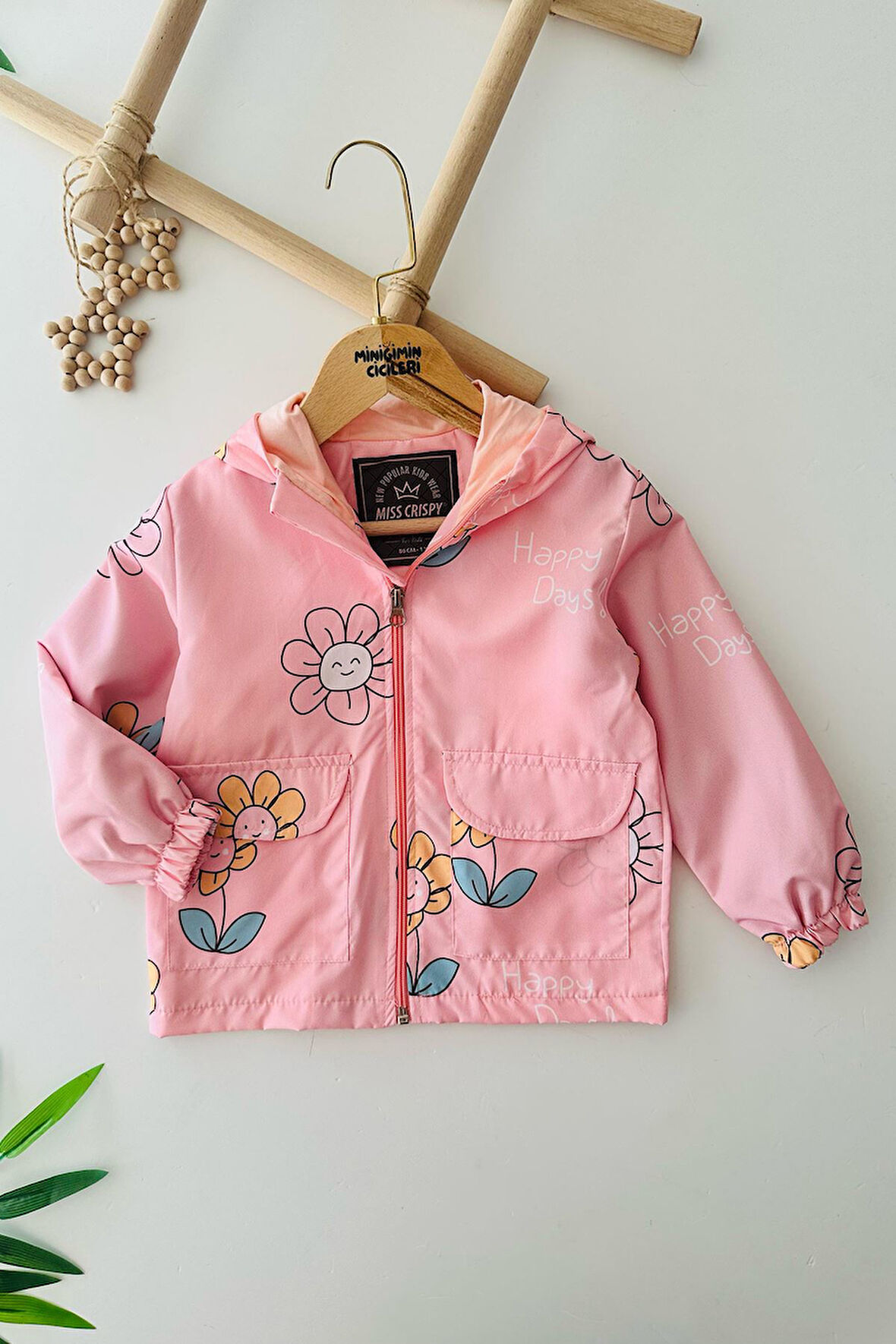Miniğimin Cicileri Çiçek Baskılı Kız Çocuk Kapüşonlu Yağmurluk - Pembe
