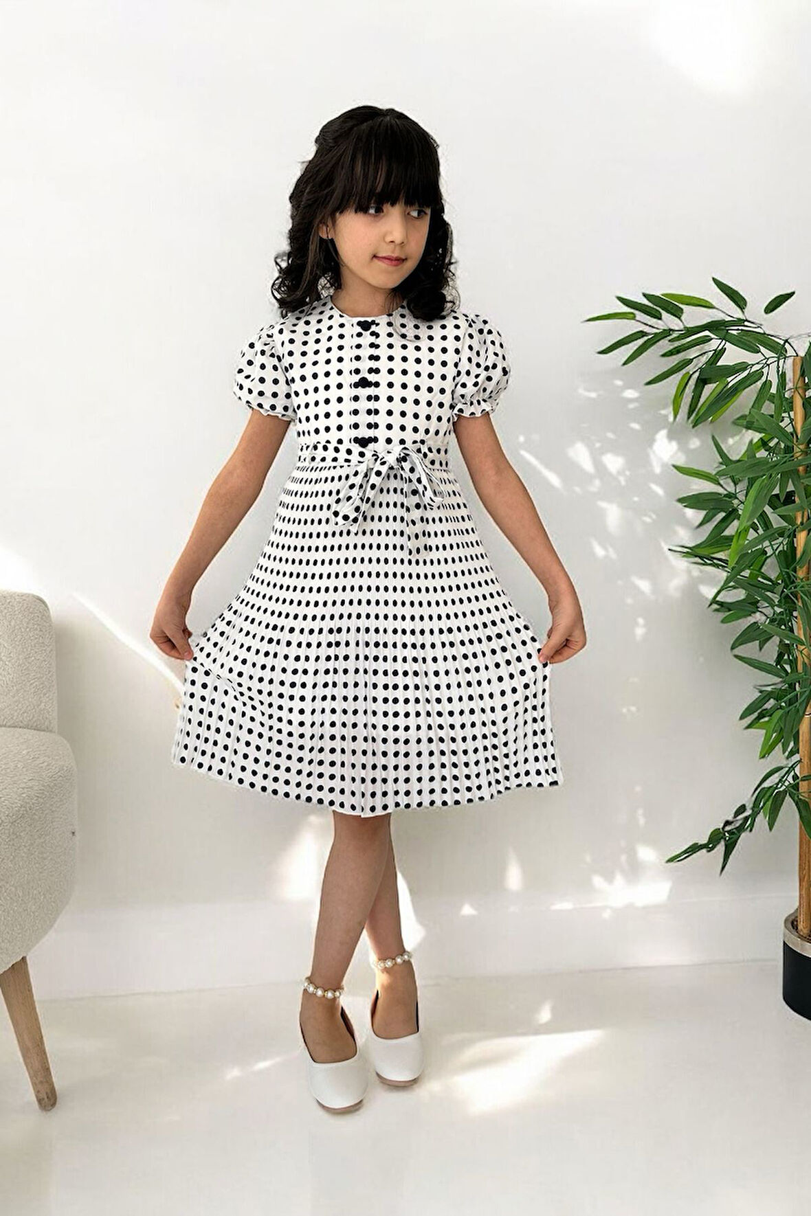 Miniğimin Cicileri Puantiyeli Kız Çocuk Piliseli Astarlı Elbise - Lacivert