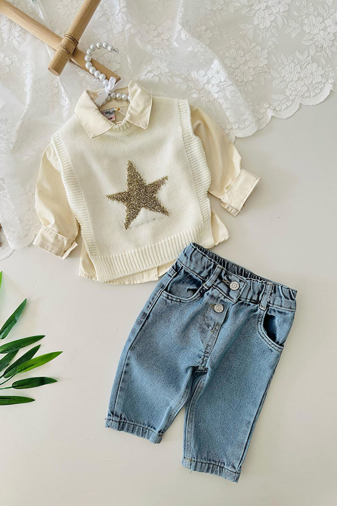 Miniğimin Cicileri Yıldız Pırıltı Detaylı Trikolu Kız Bebe 3 lü Takım - Krem