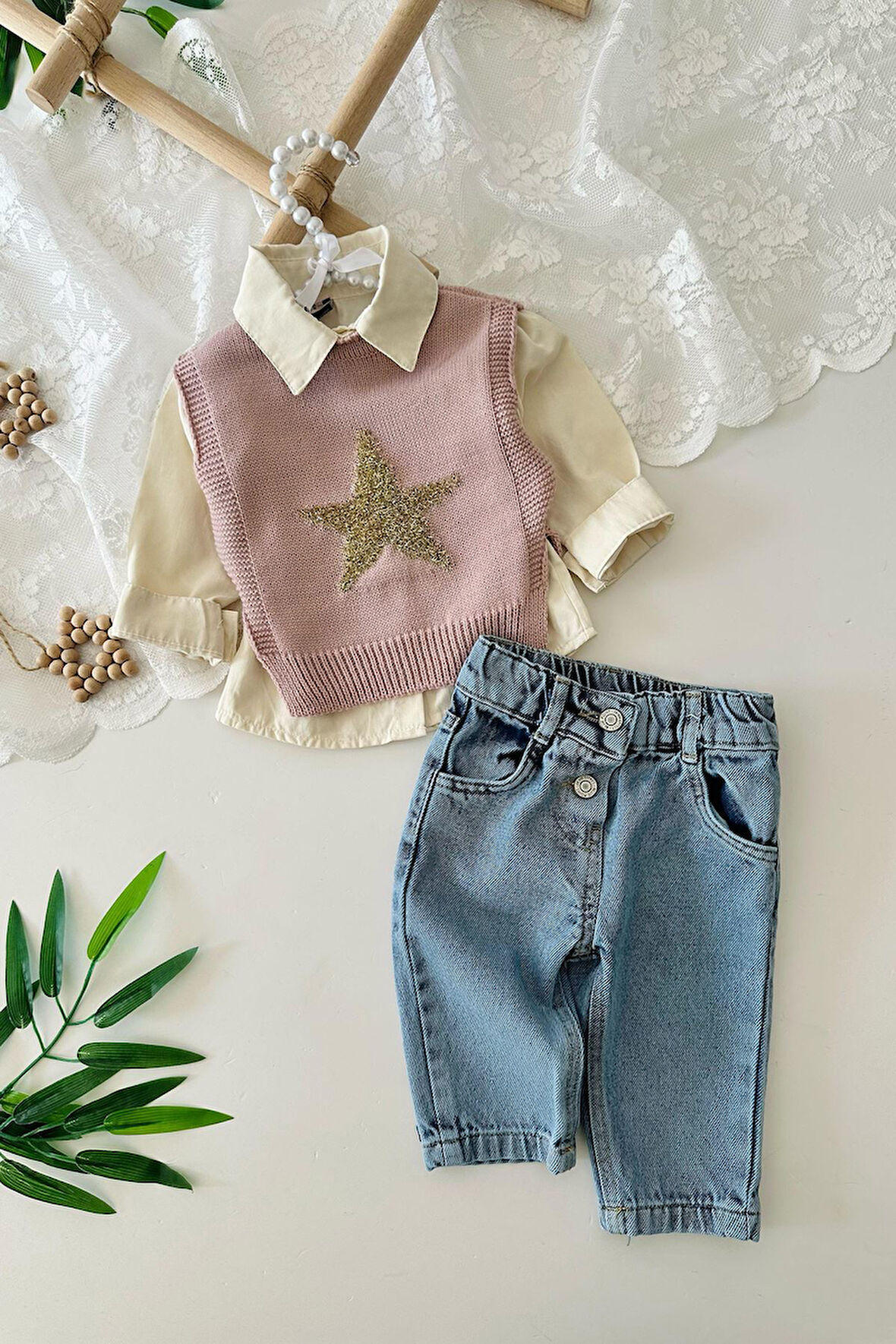 Miniğimin Cicileri Yıldız Pırıltı Detaylı Trikolu Kız Bebe 3 lü Takım - Pudra