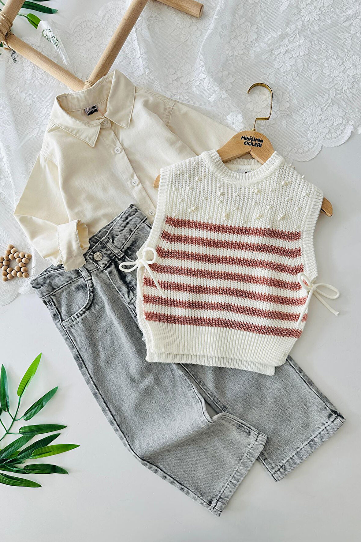 Miniğimin Cicileri Taş Detaylı Trikolu Kız Çocuk 3 lü Takım - Pembe