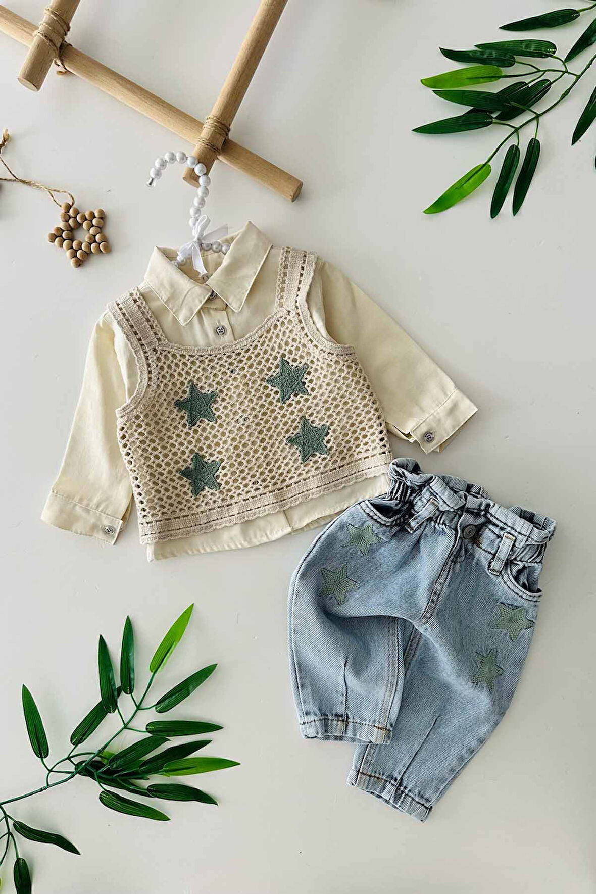 Miniğimin Cicileri Lüx Yıldız Detaylı Triko 3 Parça Kız Bebe Takım - Yeşil