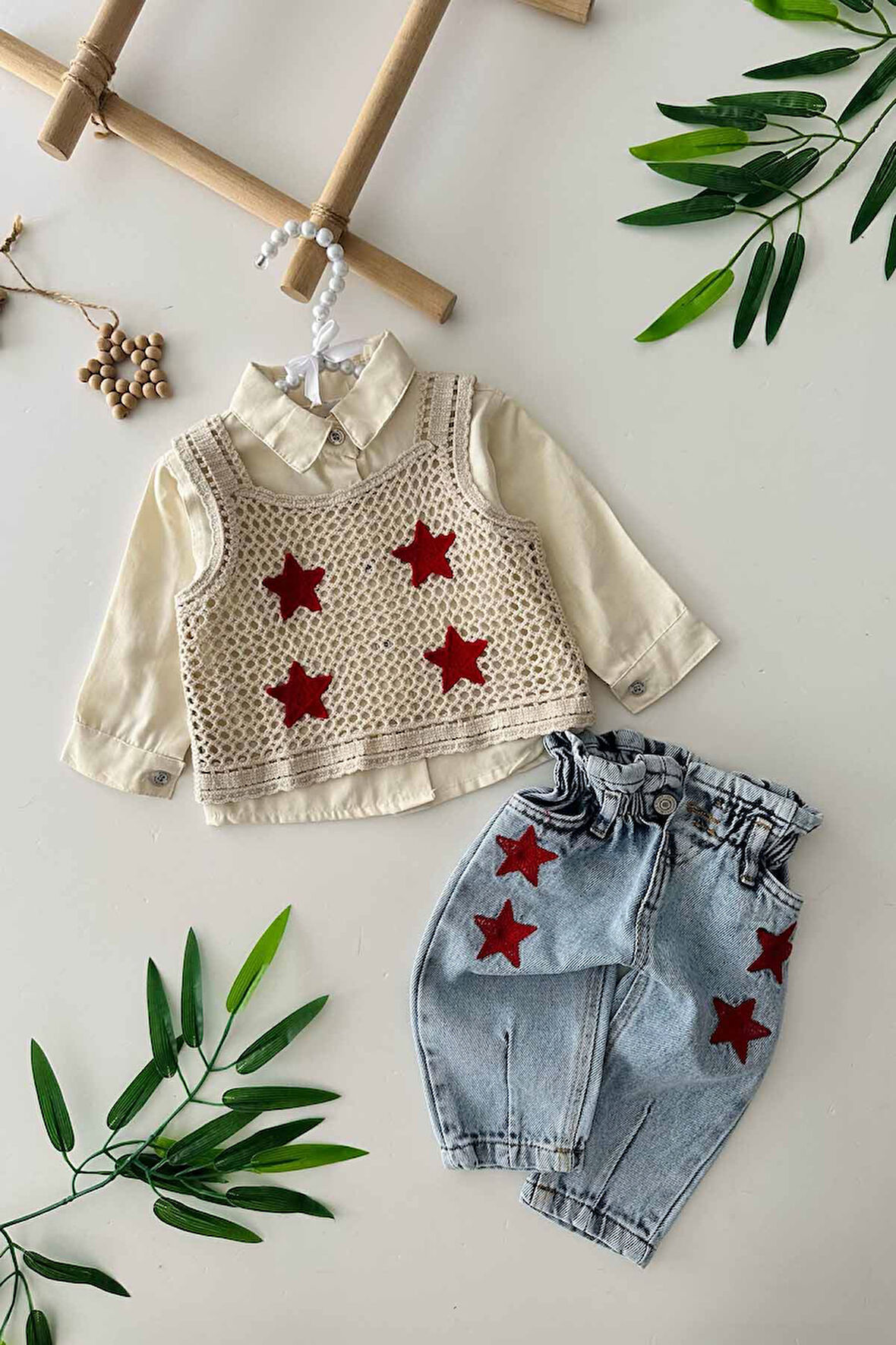 Miniğimin Cicileri Lüx Yıldız Detaylı Triko 3 Parça Kız Bebe Takım - Kırmızı