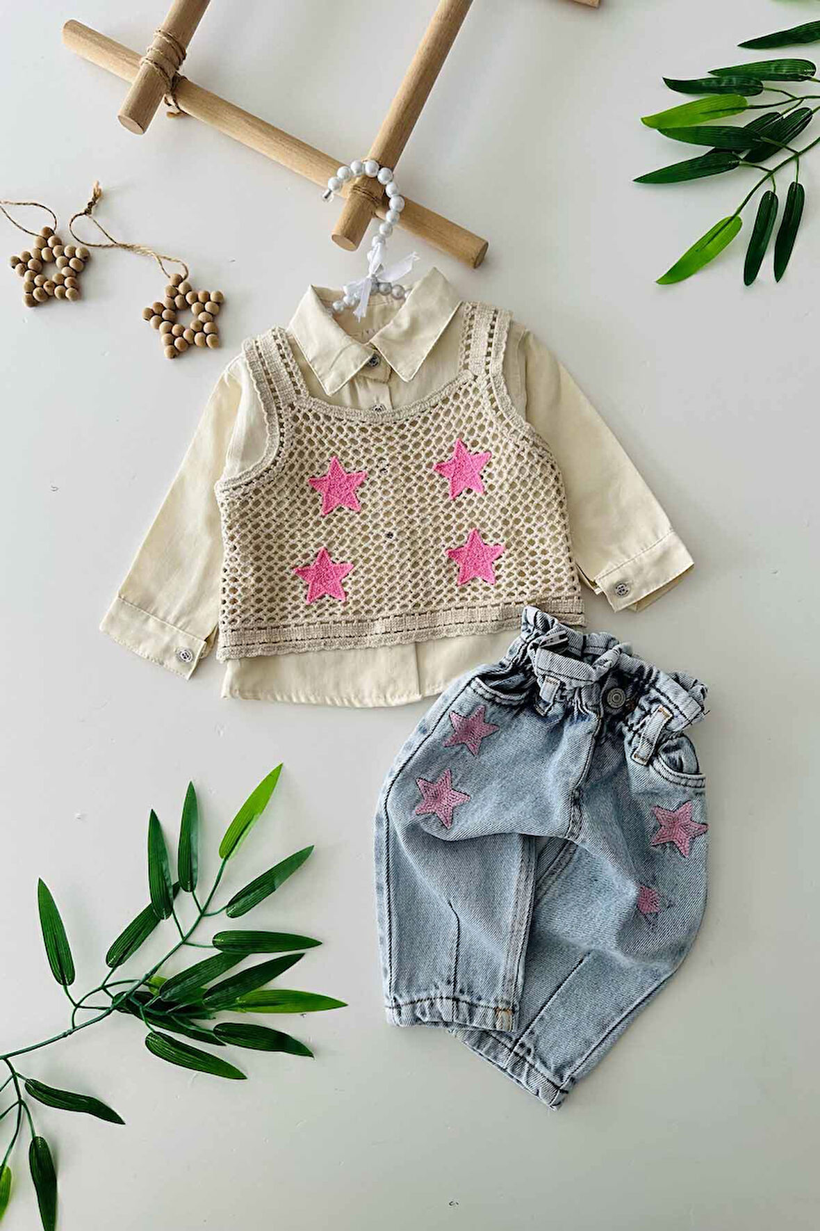 Miniğimin Cicileri Lüx Yıldız Detaylı Triko 3 Parça Kız Bebe Takım - Pembe