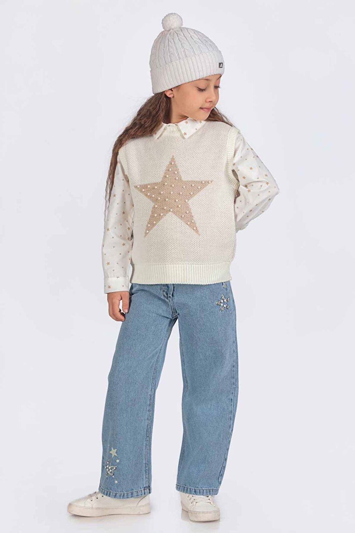 Miniğimin Cicileri Yıldız Taş Detaylı Triko Kot Pantolonlu Kız Çocuk 3 lü Takım - Krem