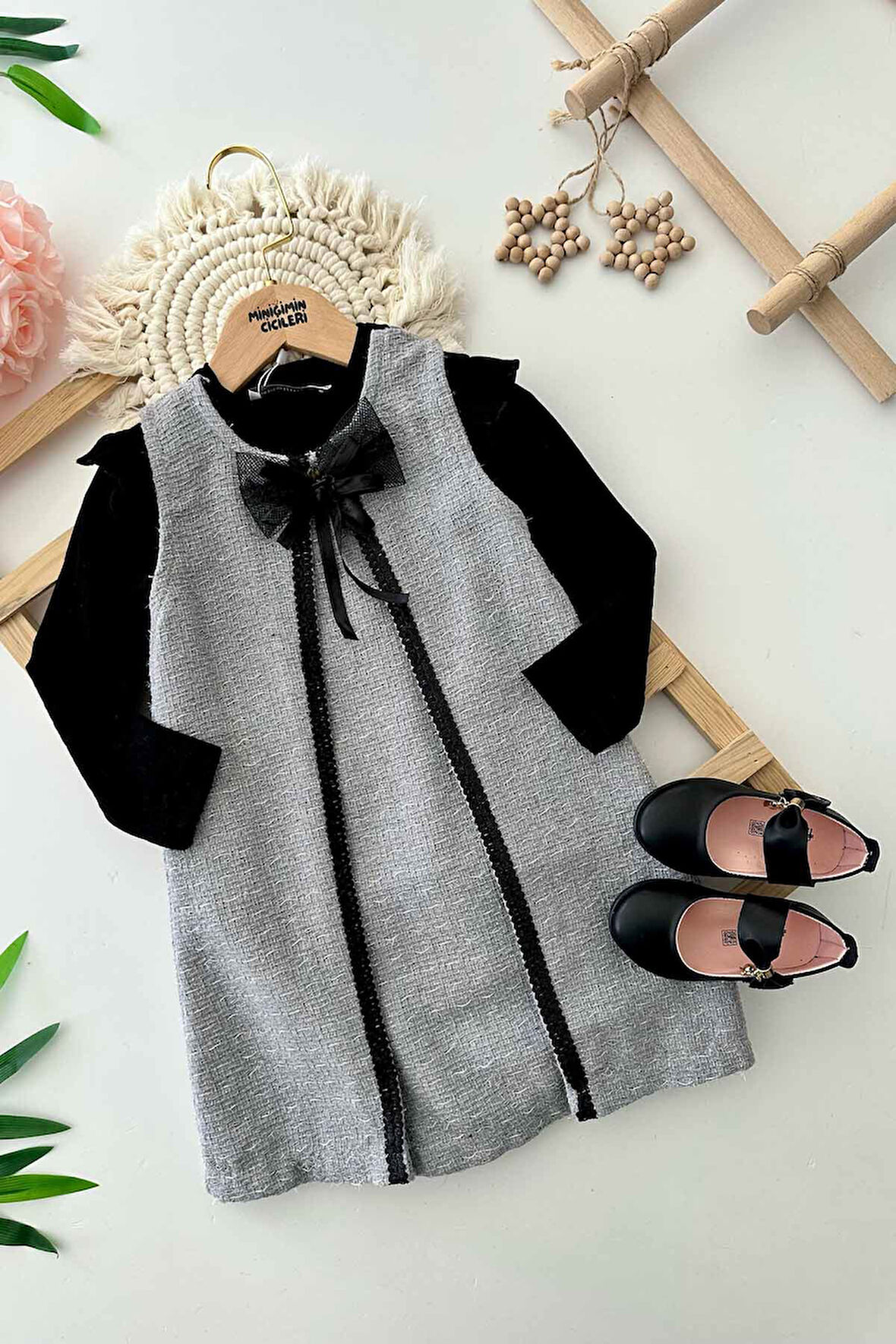 Miniğimin Cicileri Fiyonk Detaylı Fistolu Kız Çocuk Jile ve Badi Takım - Gri